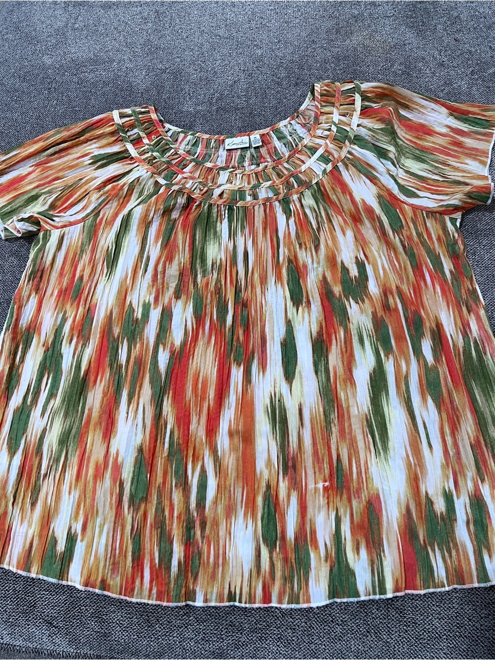 Kim Rogers Short Sleeve Scoop Neck Tunic in Orange, Green & Cream